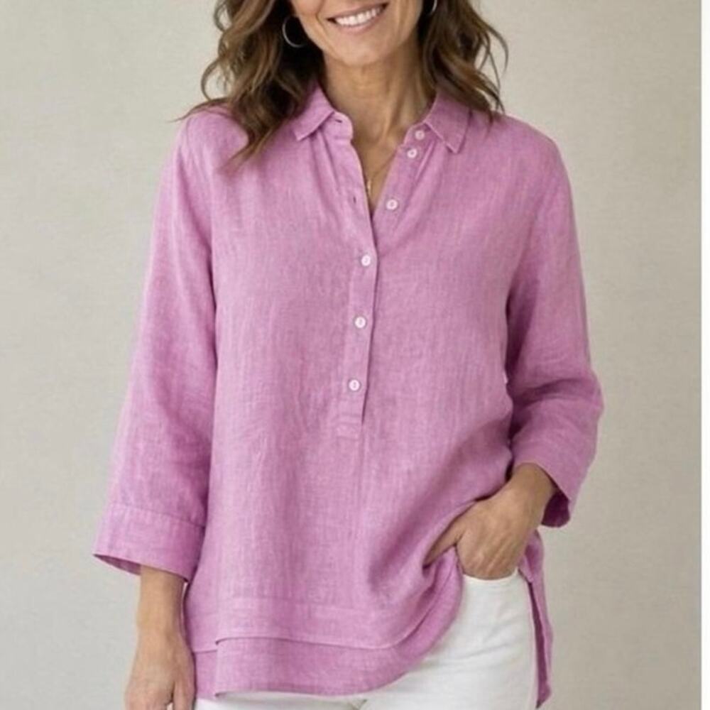 J Jill Love Linen Top Blouse Pullover 3/4 Sleeve Lavender Women Size XS